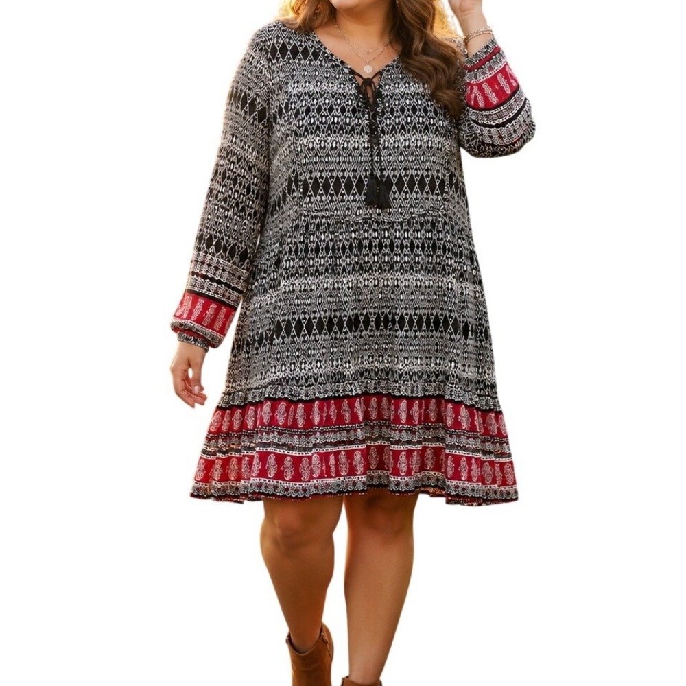 Womens XXL 20 Black Red Boho Tassel Tunic Dress Geometric Print Boho Chic